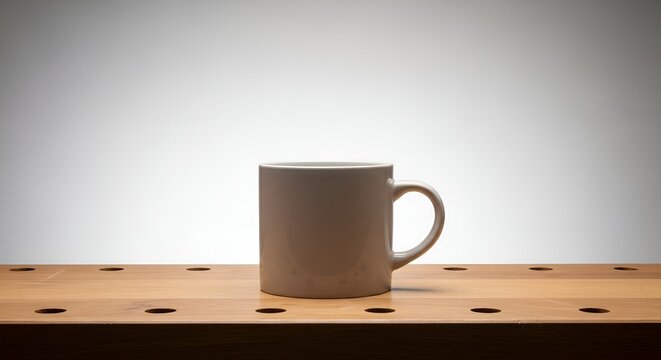 Minimalist ceramic mug on a wooden workbench surface with bokeh background