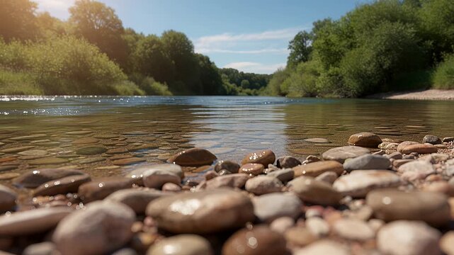 river shore with smooth pebbles and calm water, forested riverside