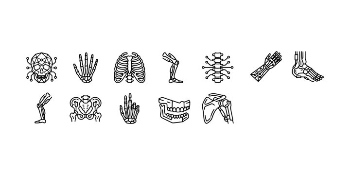 Icon set collection of futuristic cybernetic anatomy, bionic skeleton implants, robotic joint replacements, electronic prosthesis, and advanced biomechanical tech.