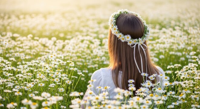 woman in daisy flower crown in a field of flowers