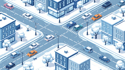 urban winter city intersection with snow covered buildings cars and streets in blue tones © Aeru Af