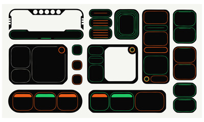 Blank futuristic frame, black sci-fi dashboard panel template. Abstract tech digital interface screen panels, empty cyberpunk decal shapes, retro futuristic UI graphic design element vector set  © Borsha