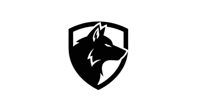 Black wolf head logo silhouette inside a shield emblem on white background