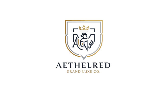 Elegant Aethelred Grand Luxe Co. logo with crown and crest on white background
