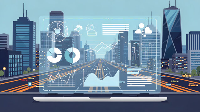 modern urban city skyline with transparent data charts on laptop screen blue tones