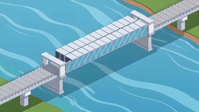 modern white bascule bridge over blue river with geometric shapes and green banks