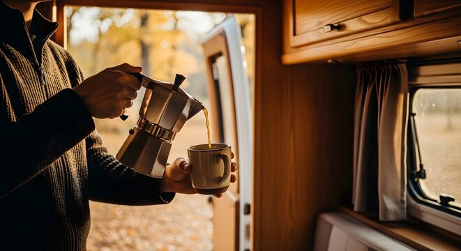 Man Pours Coffee From A Moka Pot Into A Mug While Traveling In A Campervan