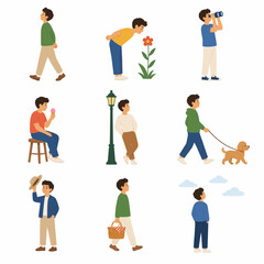 Fototapeta premium Flat vector illustration set of a boy in various poses and activities like walking, smelling a flower, using binoculars, eating ice cream, walking a dog, and carrying a basket.