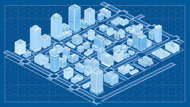 blueprint city layout with white building shapes and street grid design view