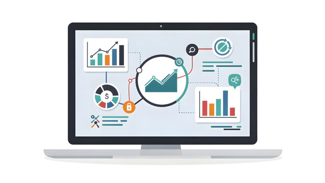 data analytics dashboard with colorful charts and graphs on modern laptop screen