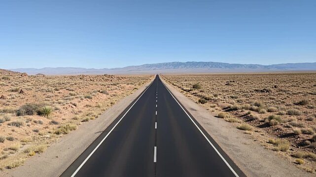 desert road to horizon across open landscape toward distant mountains
