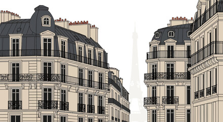 Fototapeta premium Parisian Haussmann Buildings and Eiffel Tower Silhouette, Classic European Architecture