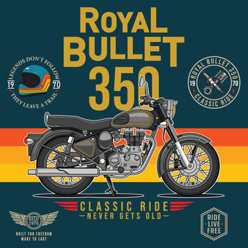 Vintage Vector Illustration Of A Classic Retro Motorcycle Royal Bullet 350, Perfect For T-shirt Design, Wall Poster, Sticker, Custom Motorcycle Shop Branding Element.