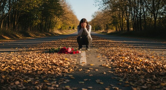 Woman sitting on road with flowers and box in autumn
