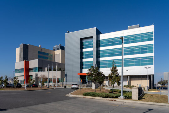 New Orleans, Louisiana, USA - February 12, 2022: Orleans Justice Center (OJC) on Perdido Street in New Orleans, Louisiana, USA. Orleans Justice Center serves as the main jail facility for the city.

