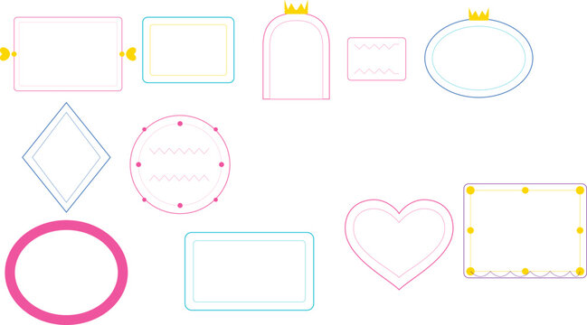 Pastel decorative frame collection, 11 cute line border elements, aesthetic pink and blue frames with heart and crown details for scrapbooking