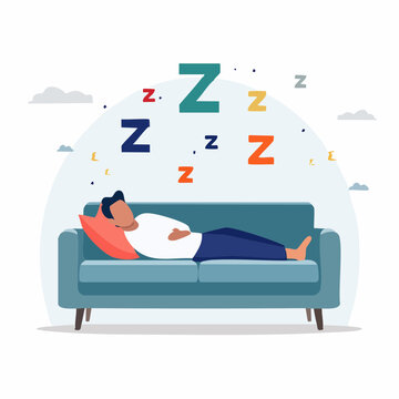 Man sleeping on couch with Zzz symbols floating above