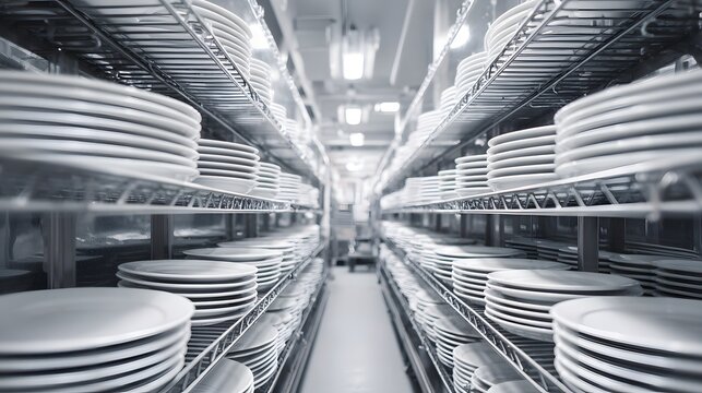 Kitchen storage racks filled with stacked white plates.