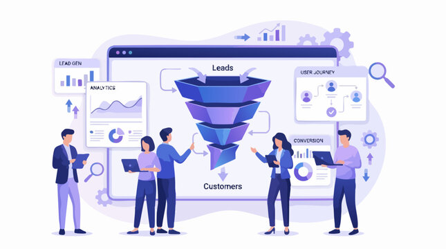 Digital marketing sales funnel vector illustration, business team analyzing customer leads and conversion data, purple flat style web analytics concept