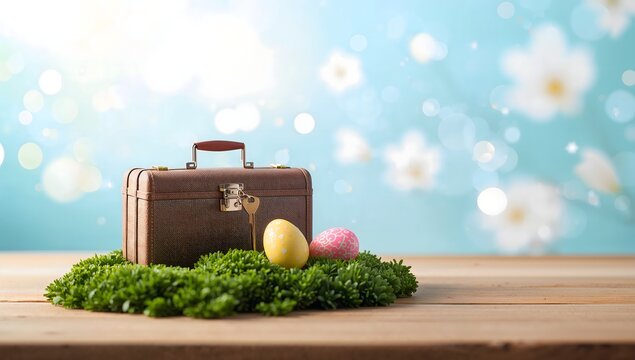 Vintage suitcase with key and Easter eggs for spring vacation rental