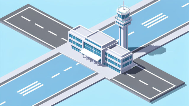 isometric airport control tower terminal building intersection runway design