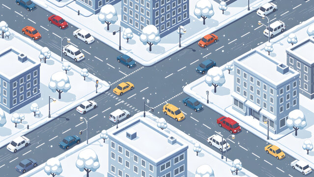 isometric winter city intersection with white snow covered trees yellow red cars and urban buildings