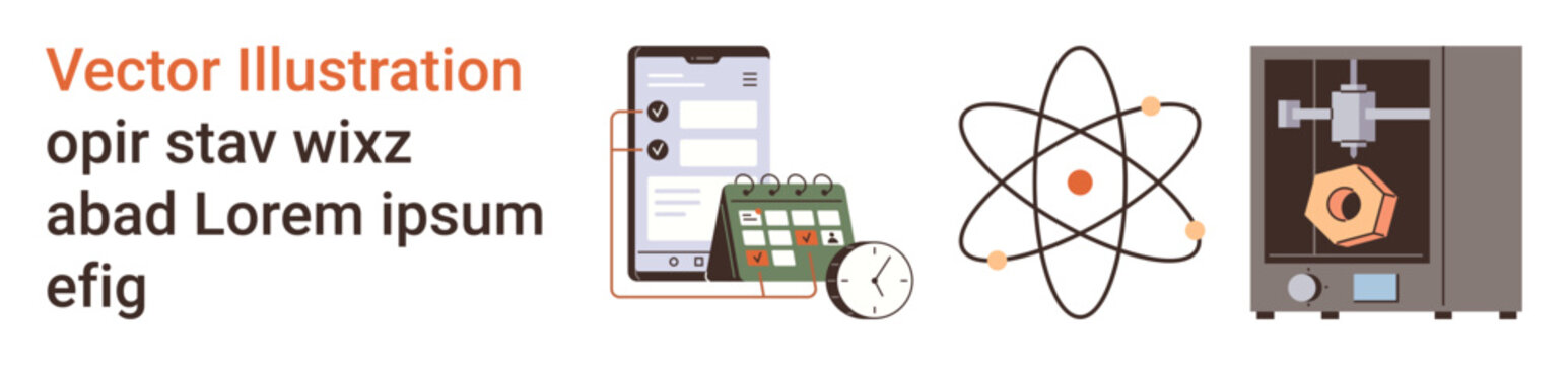 Science, technology, research, productivity, education, innovation. Smartphone interface with notifications, calendar atom model and 3D printer. Science and technology conceptual design