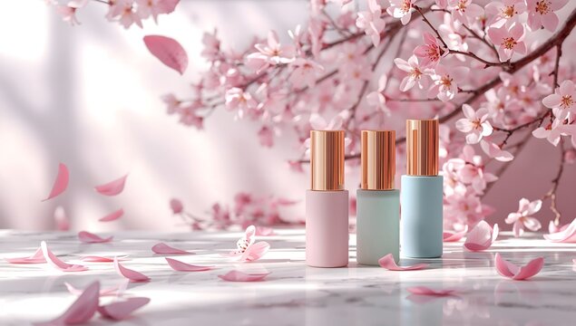Pastel cosmetic bottles on marble under blooming cherry blossoms