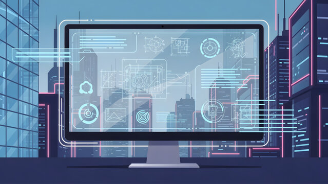 futuristic computer screen with blue digital interface and cityscape background
