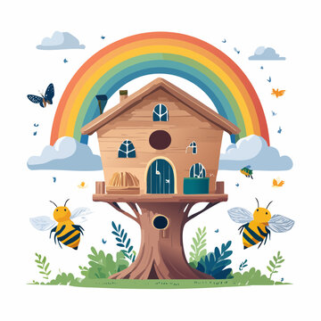 Whimsical Treehouse with Bees and Rainbow