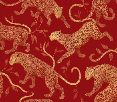 Seamless pattern of golden leopards and delicate branches on a deep red background
