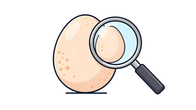 close up view of magnifying glass inspecting light brown speckled egg shell with cartoon style