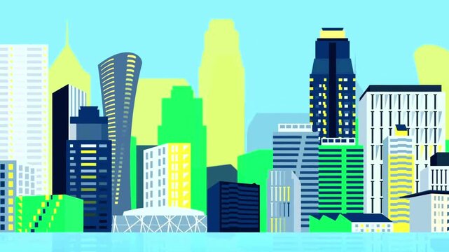 Modern cityscape panning across a dense metropolis of colorful skyscrapers reflecting on water.