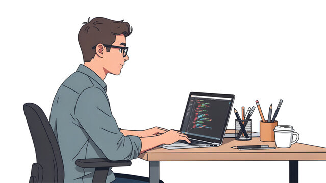 young programmer coding on laptop at wooden desk with coffee and stationery items