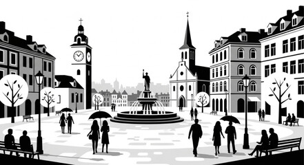 City Square with Fountain and Historic Buildings. © kaji
