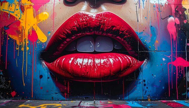 Vibrant Graffiti Art Featuring Bold Red Lips and Colorful Splatters.