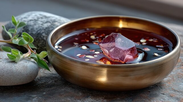 Crystal elixir in golden bowl with stone and plant decoration for healing and wellness practice