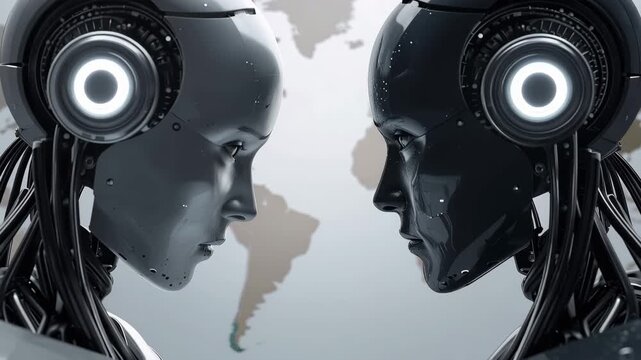 世界地図を挟んで向き合う二体のヒューマノイドロボット対話イメージ