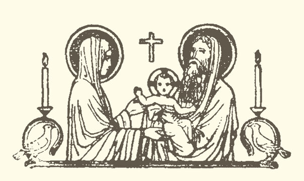 Religious icon depicting the holy family with a cross and flanking candle holders virgin mary baby jesus saint joseph religious christianity spirituality devotion religion biblical