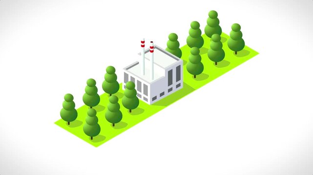 Isometric eco factory appearing on a green grass field surrounded by trees.