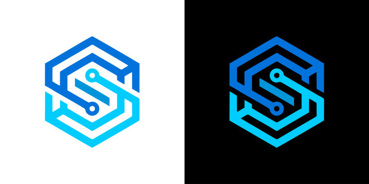 S letter logo design concept for digital technology, illustrating data flow and secure networks within a sleek, geometric hexagonal shape, ideal for innovative brands