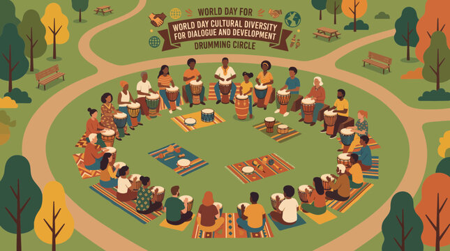 Diverse community gathering for drumming circle in a green park