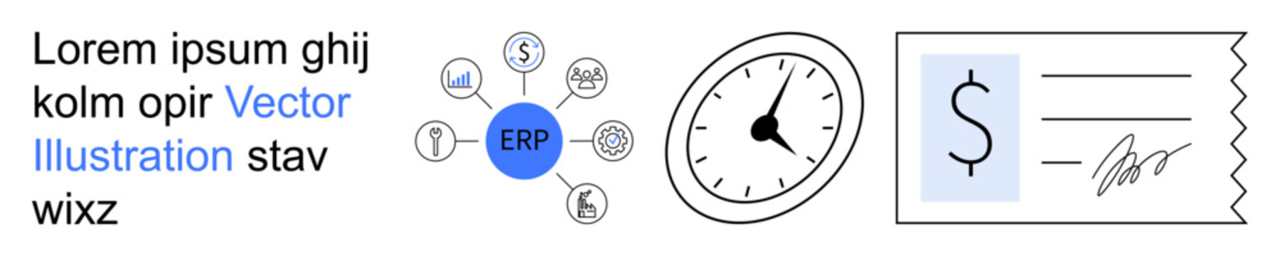 Enterprise resource planning, financial systems, time tracking, business transactions, payroll management, budget control. Circular ERP diagram, clock and payment check graphic. ERP and financial