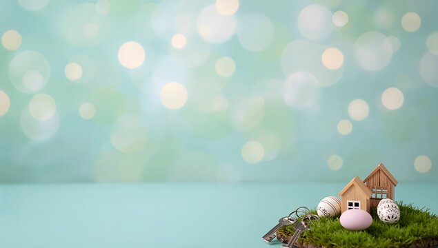 Miniature house models with keys and Easter eggs on green grass