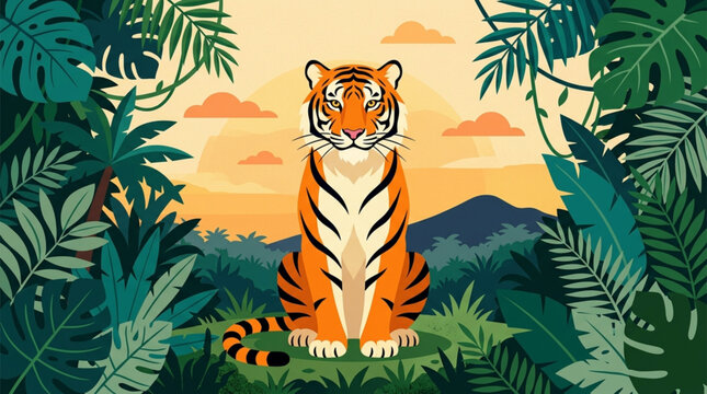 International Tiger Day Majestic orange tiger illustration sitting peacefully in a vibrant tropical jungle with lush green foliage, distant mountains, and a warm sky at sunrise or sunset