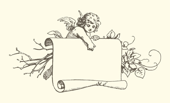 Cherub holding a blank scroll surrounded by branches and flowers with branches illustration ornamental decorative ethereal cherubic botanical engraving scrapbook parchment monochrome