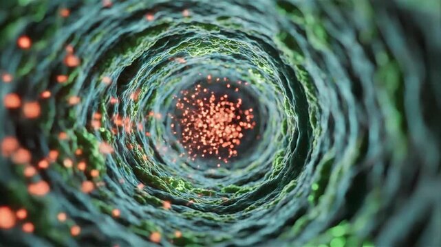 Abstract green biological tunnel view with floating orange particles.