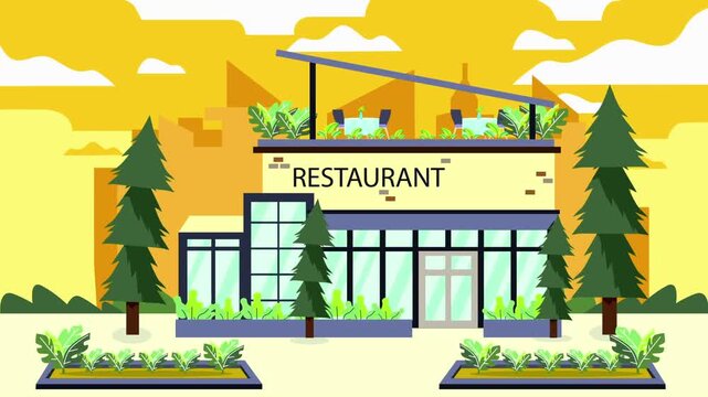 Modern restaurant building animation with a rooftop terrace and green plants at sunset.