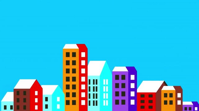Colorful winter cityscape animation with snow falling on various skyscrapers and buildings.