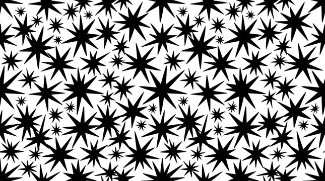 Abstract seamless black starburst pattern on white background, a geometric tessellated design suitable for backgrounds, textiles, and graphic projects.